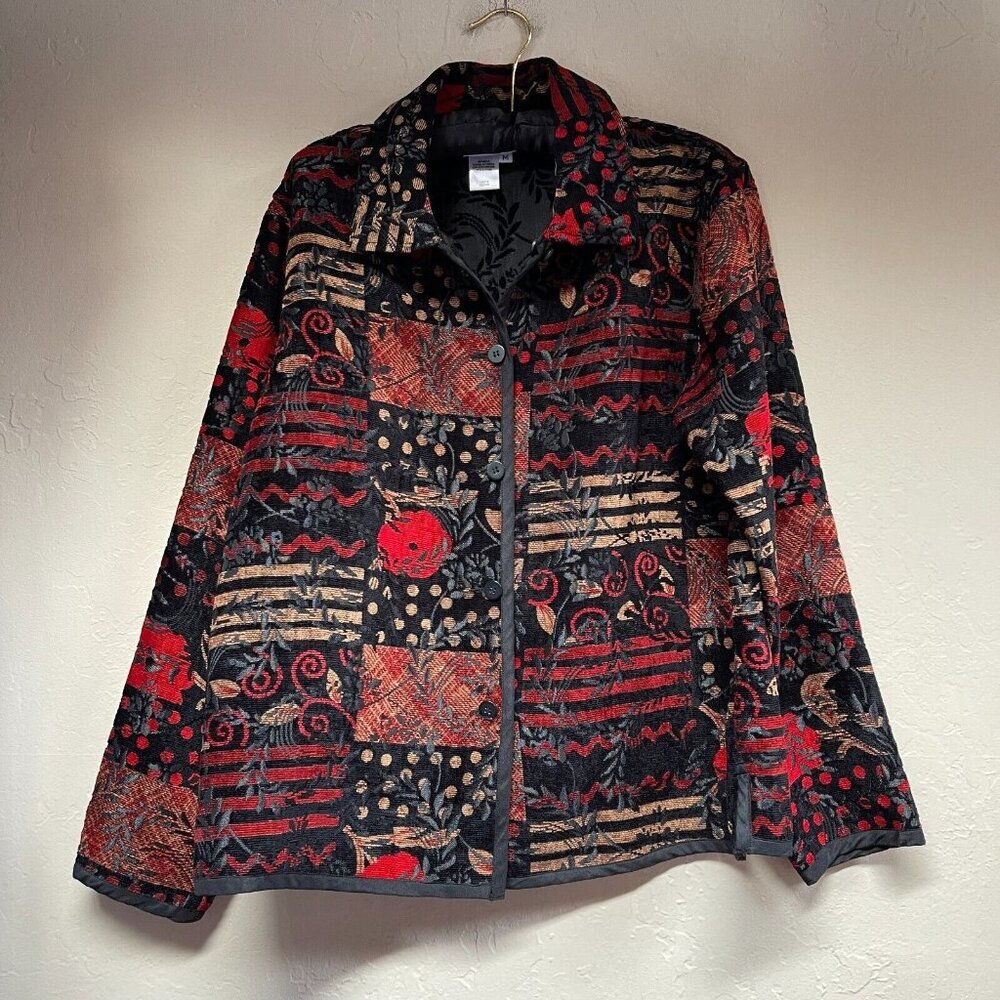 Coldwater Creek Medium Reversible Jacket Chenille Patchwork Brocade Black/Multi